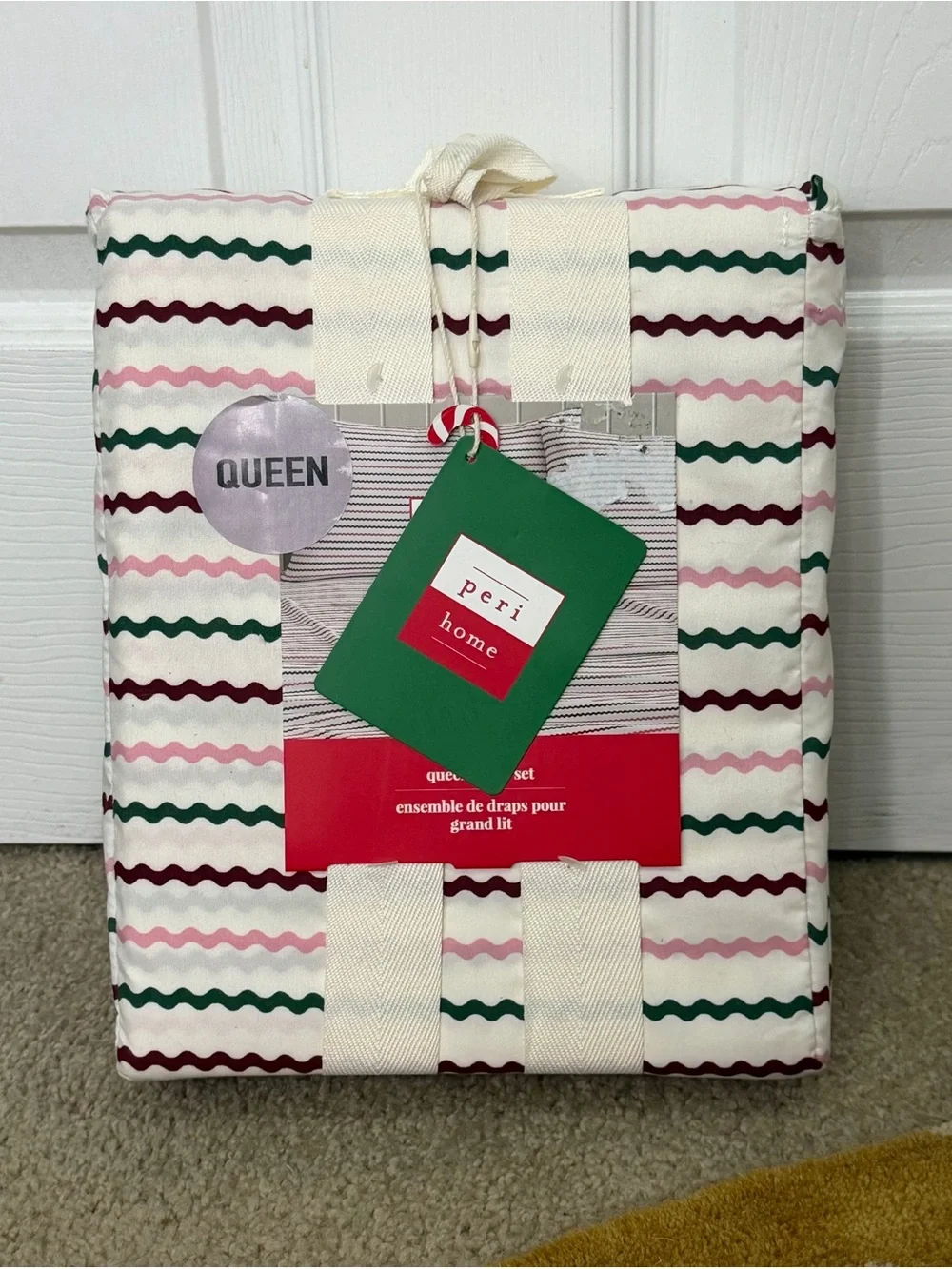 Queen Sheet Set in Off White with Pink, Green & Burgundy Wave Stripes